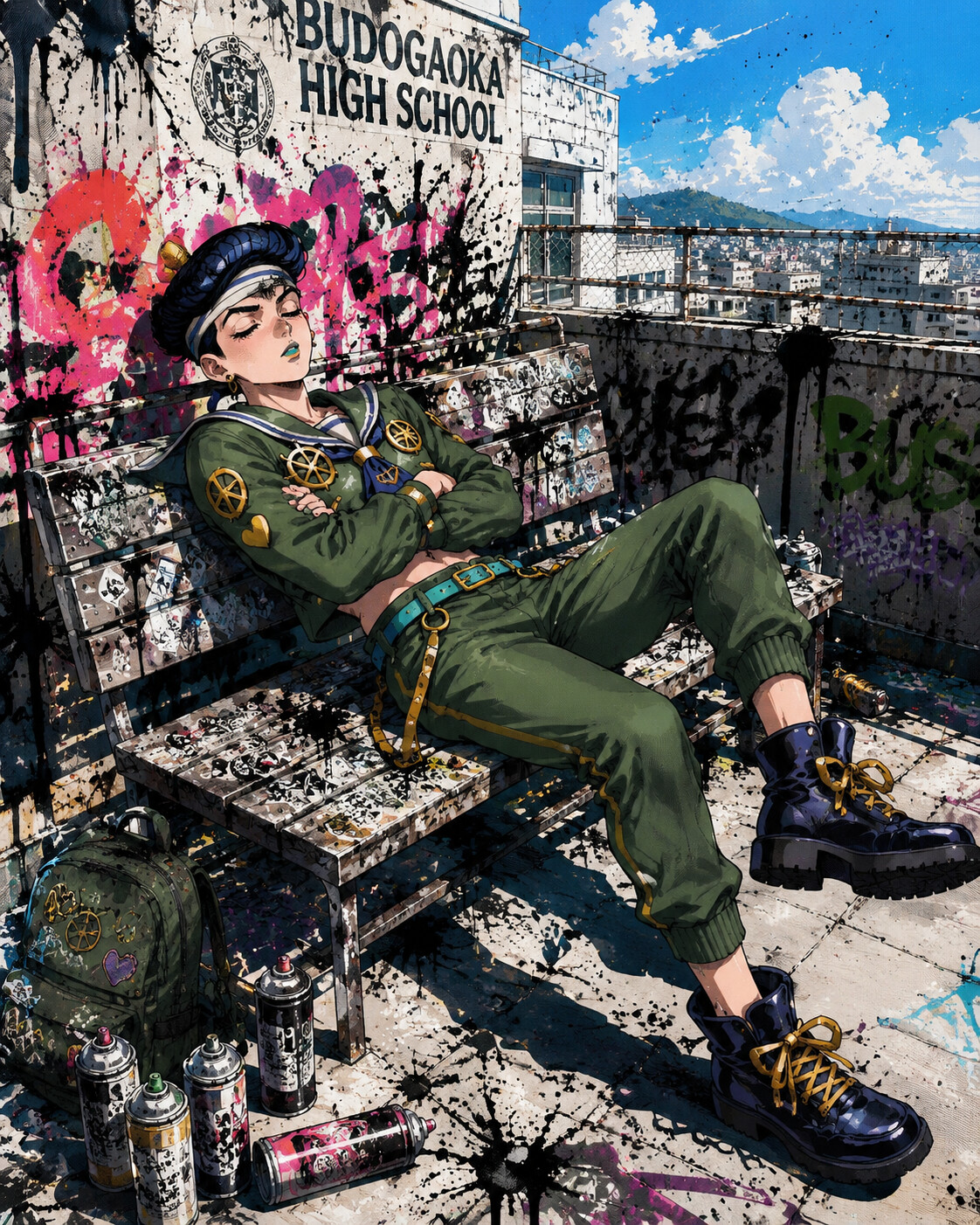 Napping on a park bench under the sun on the sun-drenched roof of Budogaoka High School (gritty street art)