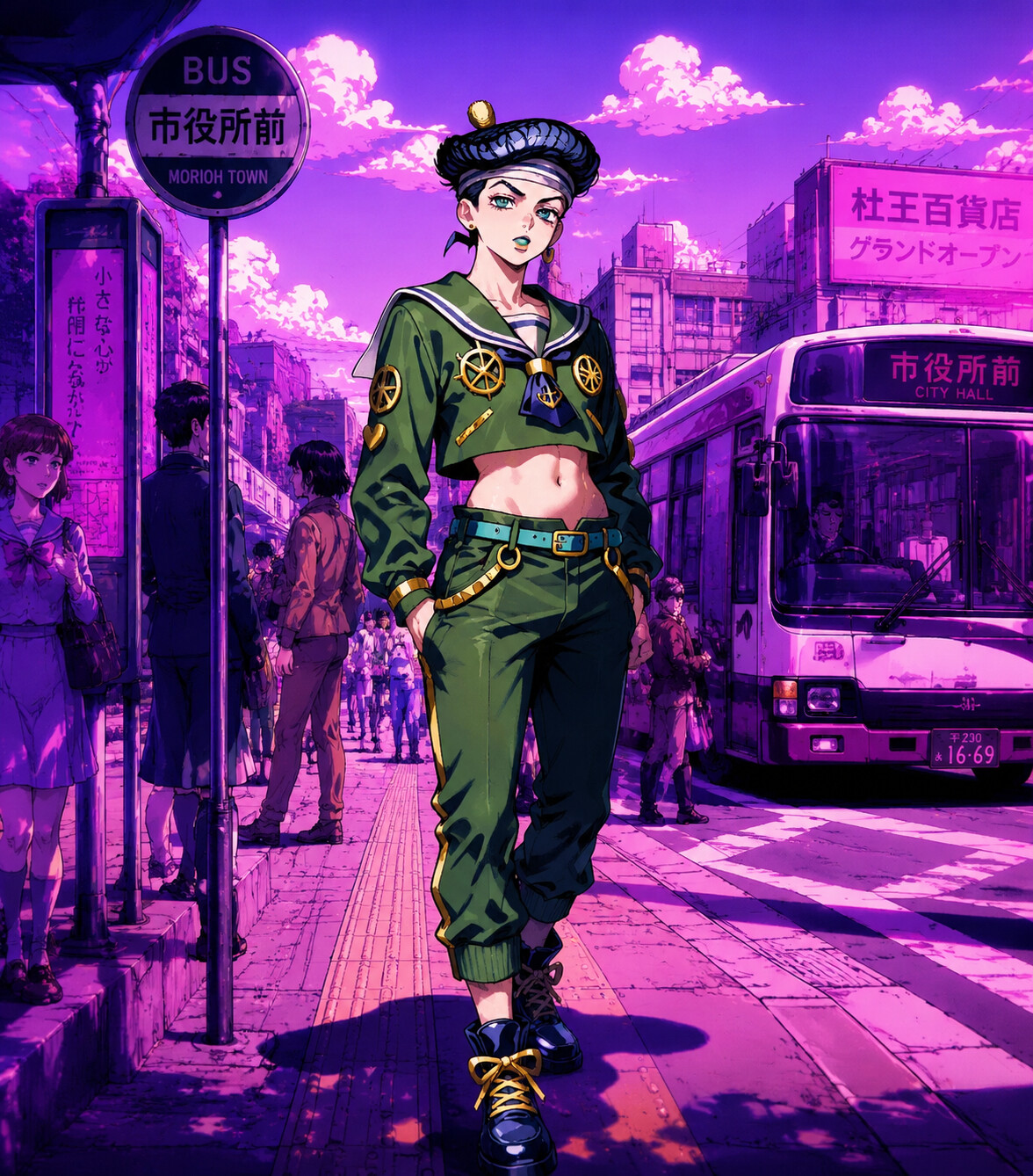 Walking to school with his hands in his pockets at a bustling Morioh town bus stop at noon (cinematic synthwave)
