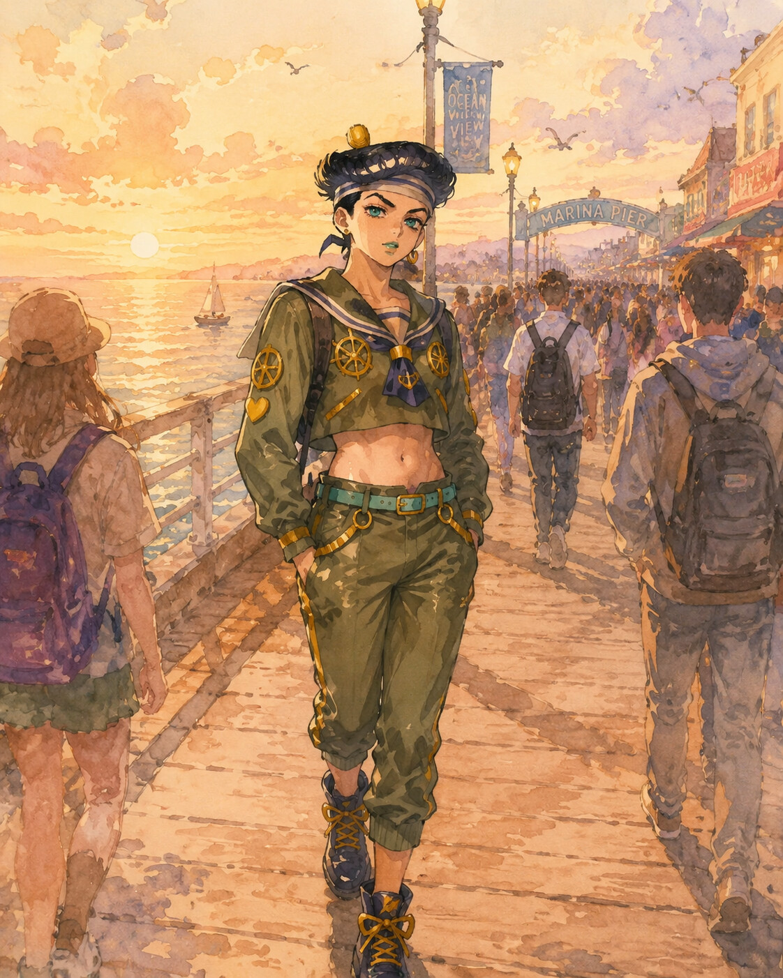 Walking to school with his hands in his pockets at a crowded coastal pier during a golden sunset (soft pastel watercolor)