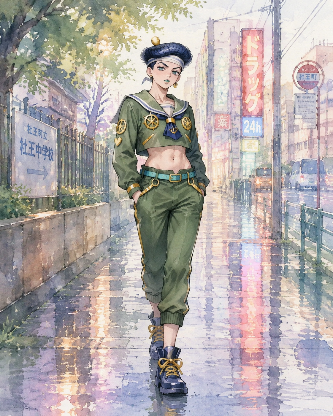 Walking to school with his hands in his pockets On a rainy sidewalk reflecting bright neon signs (soft pastel watercolor, gentle morning light)