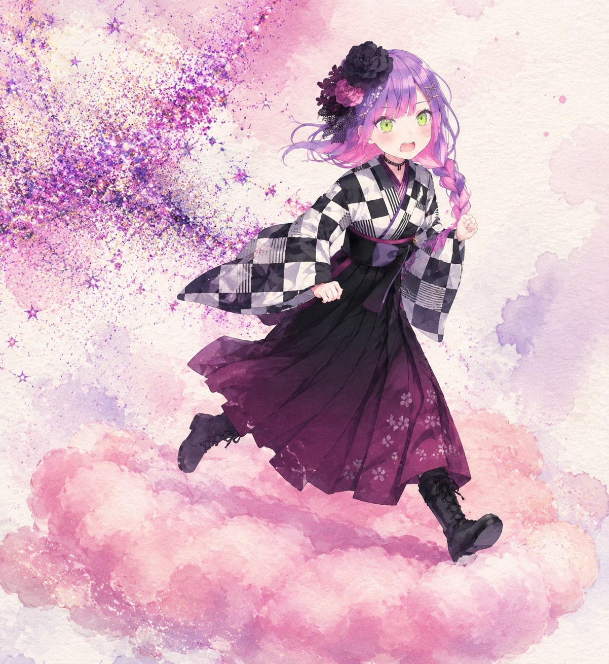 Fleeing from a chaotic cloud of loose glitter On a floating cloud made of pink cotton candy (delicate watercolor, soft bleed and paper texture)