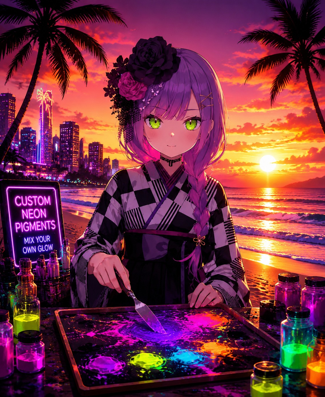 Mixing custom neon pigments with a palette knife On a tropical beach during a golden sunset (cyberpunk synthwave, high contrast neon glow)