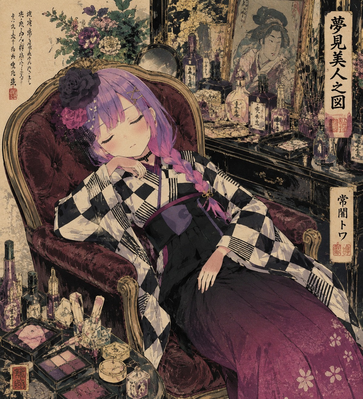 Napping soundly on a plush velvet vanity chair In a cluttered high-end beauty studio (vintage ukiyo-e woodblock print, traditional ink)