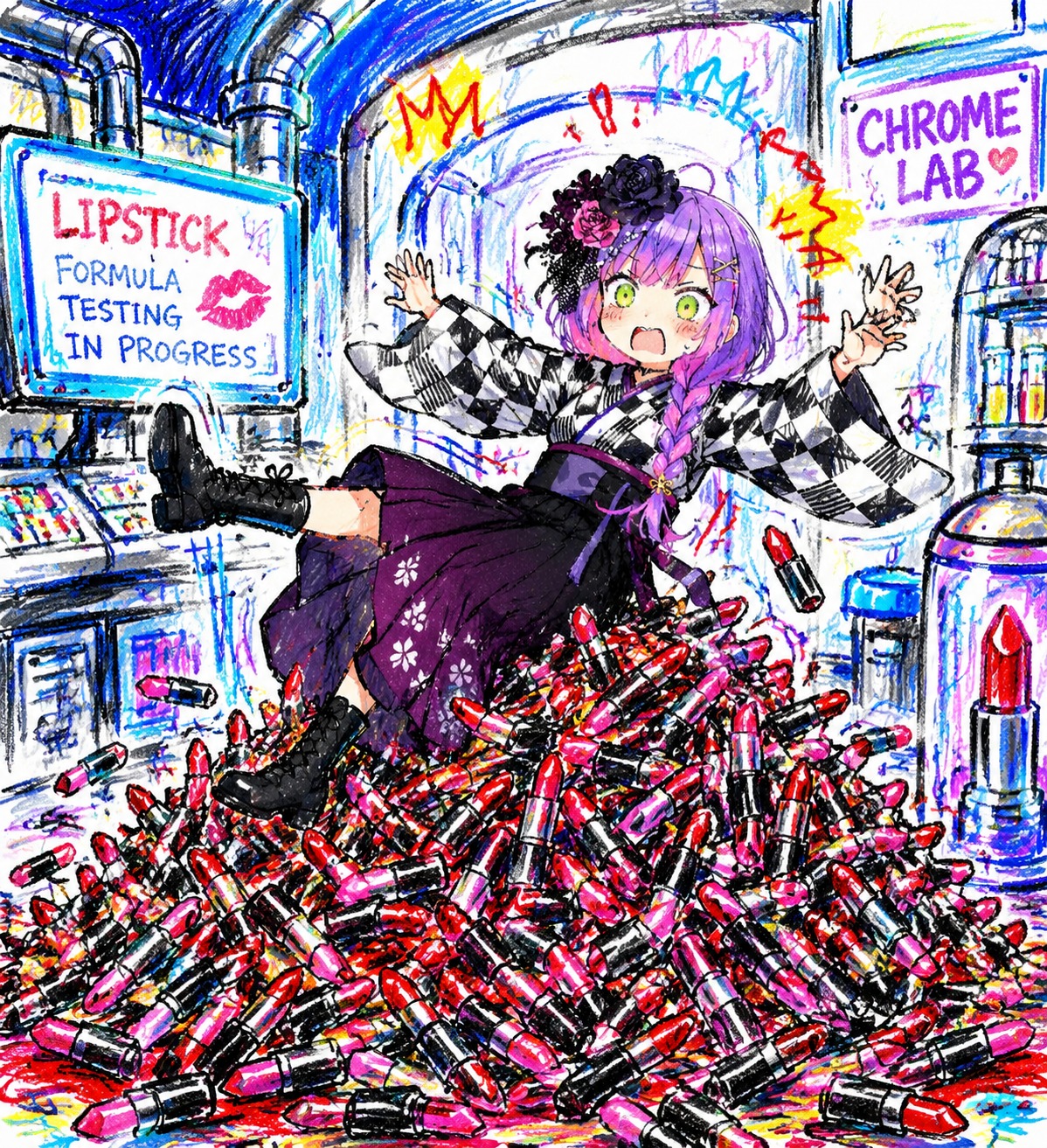 Tripping over a mountain of lipstick tubes In a futuristic chrome makeup research laboratory (messy crayon doodle, vibrant primary colors)
