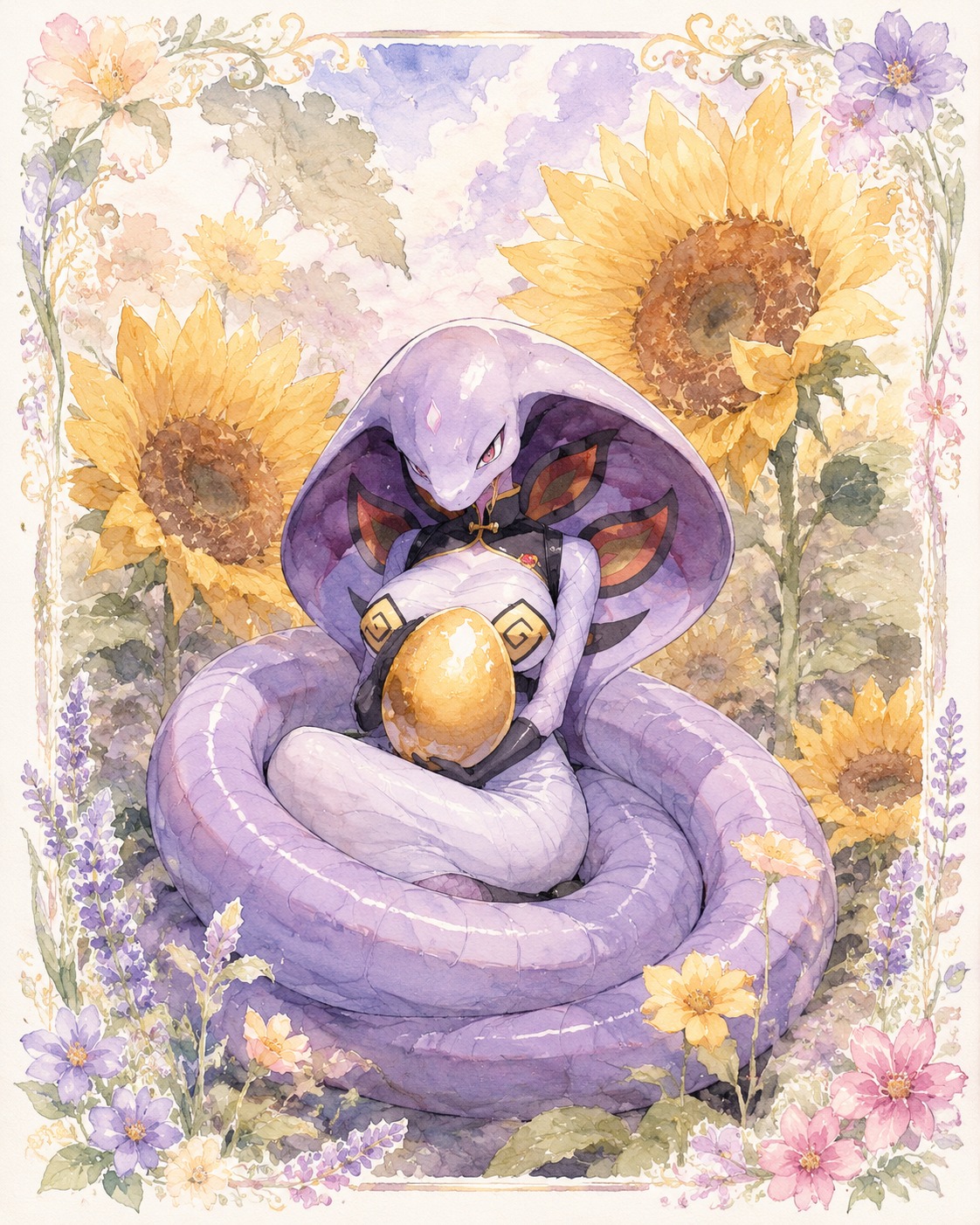 Curling protectively around a single golden egg In a field of oversized sunflowers (watercolor wash, pastel floral borders)