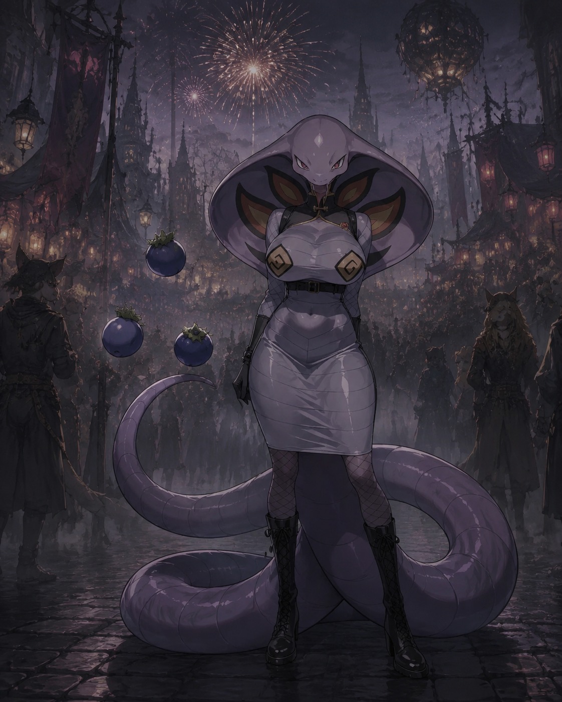 Juggling three oran berries on its tail At a crowded city festival under fireworks (eerie dark fantasy, misty muted tones)