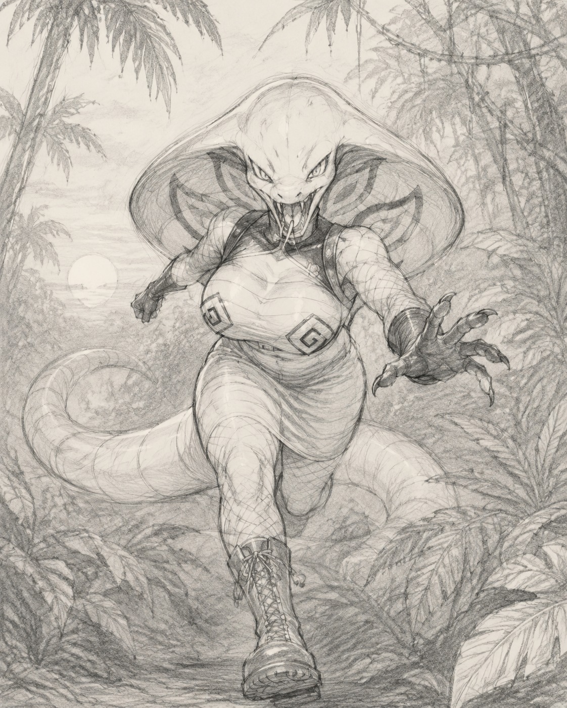 Lunging forward with venomous fangs bared In a humid tropical rainforest at dawn (soft charcoal sketch, minimal shading)