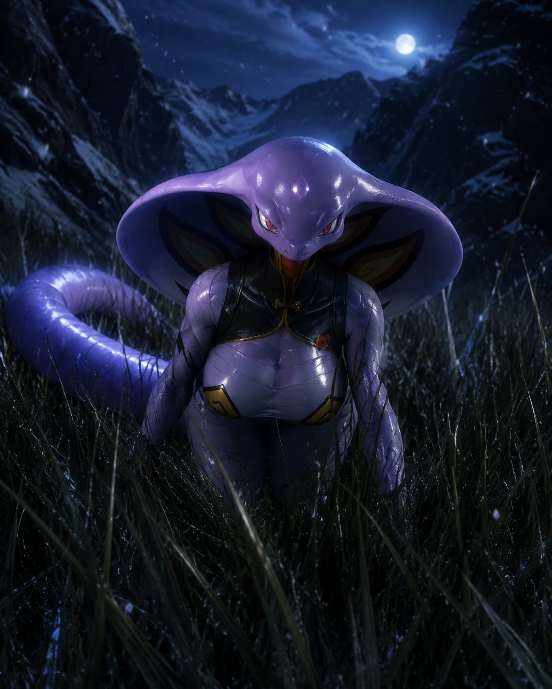 Slithering through tall grass toward prey In a snowy mountain pass at midnight (hyper-realistic 3D render, subsurface scattering)