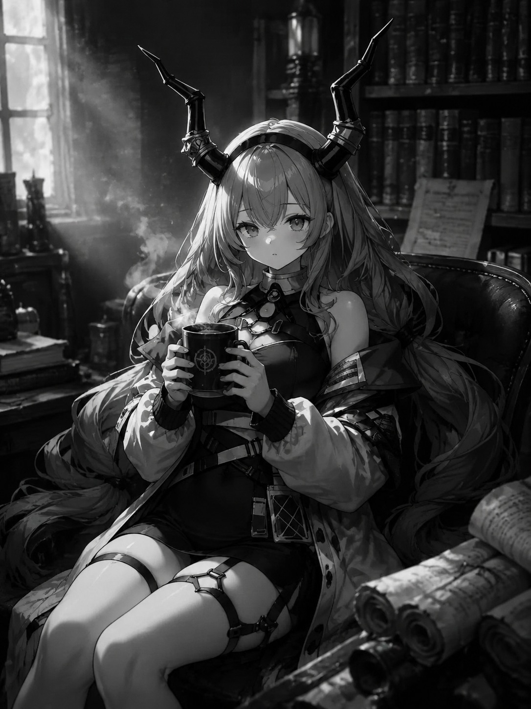 Clutching a steaming mug of cocoa In a quiet library filled with dusty scrolls (noir photography, high contrast monochrome)