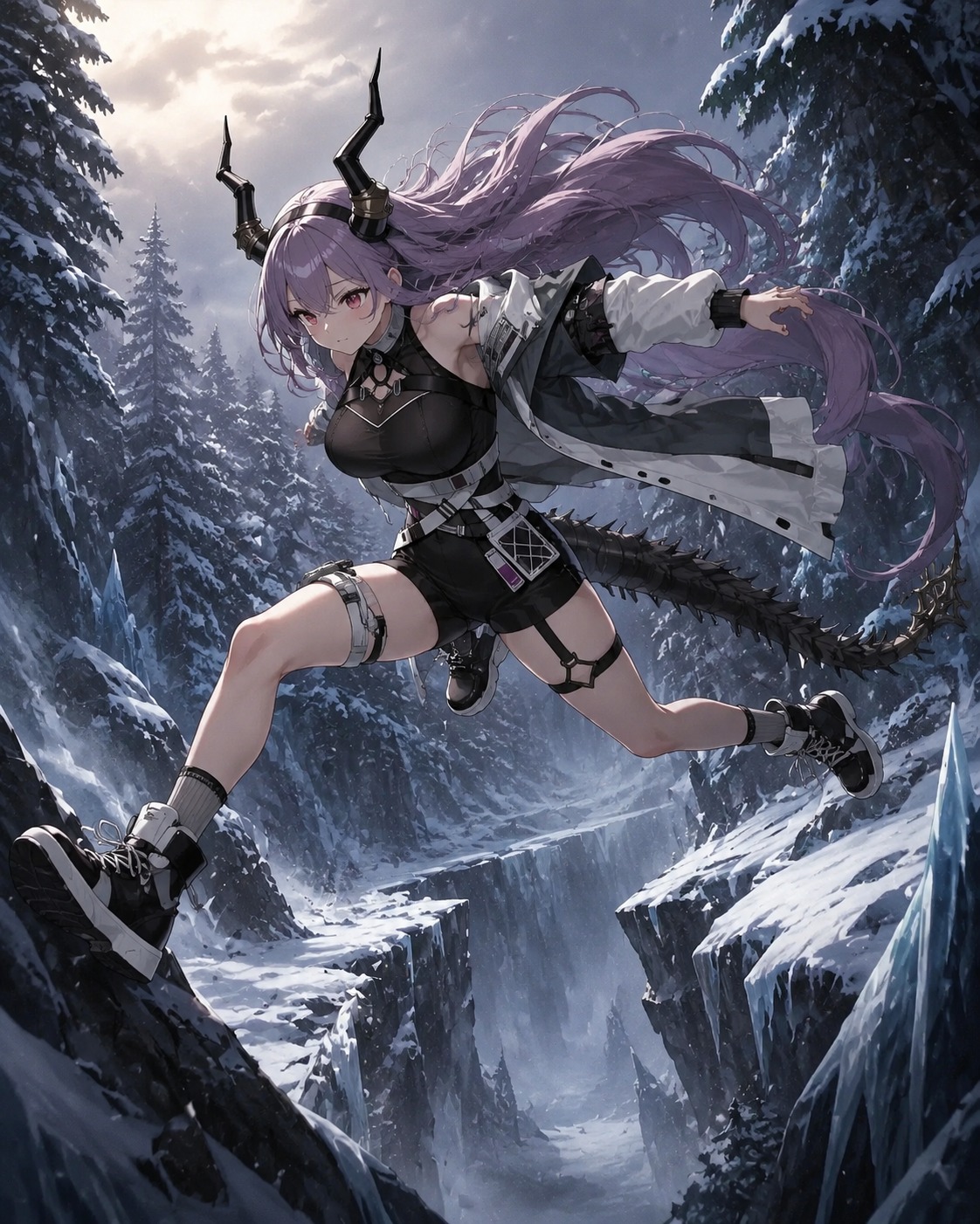 Leaping across a jagged icy crevasse In a dense forest of frozen pine trees (cinematic concept art, epic scale and moody lighting)