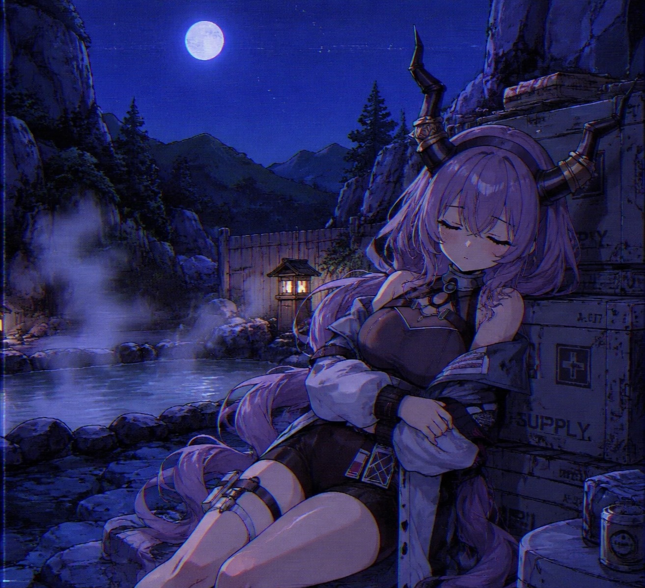 Napping against a stack of supply crates At a moonlit hot spring hidden in the mountains (90s retro anime, cel-shaded with VHS grain)