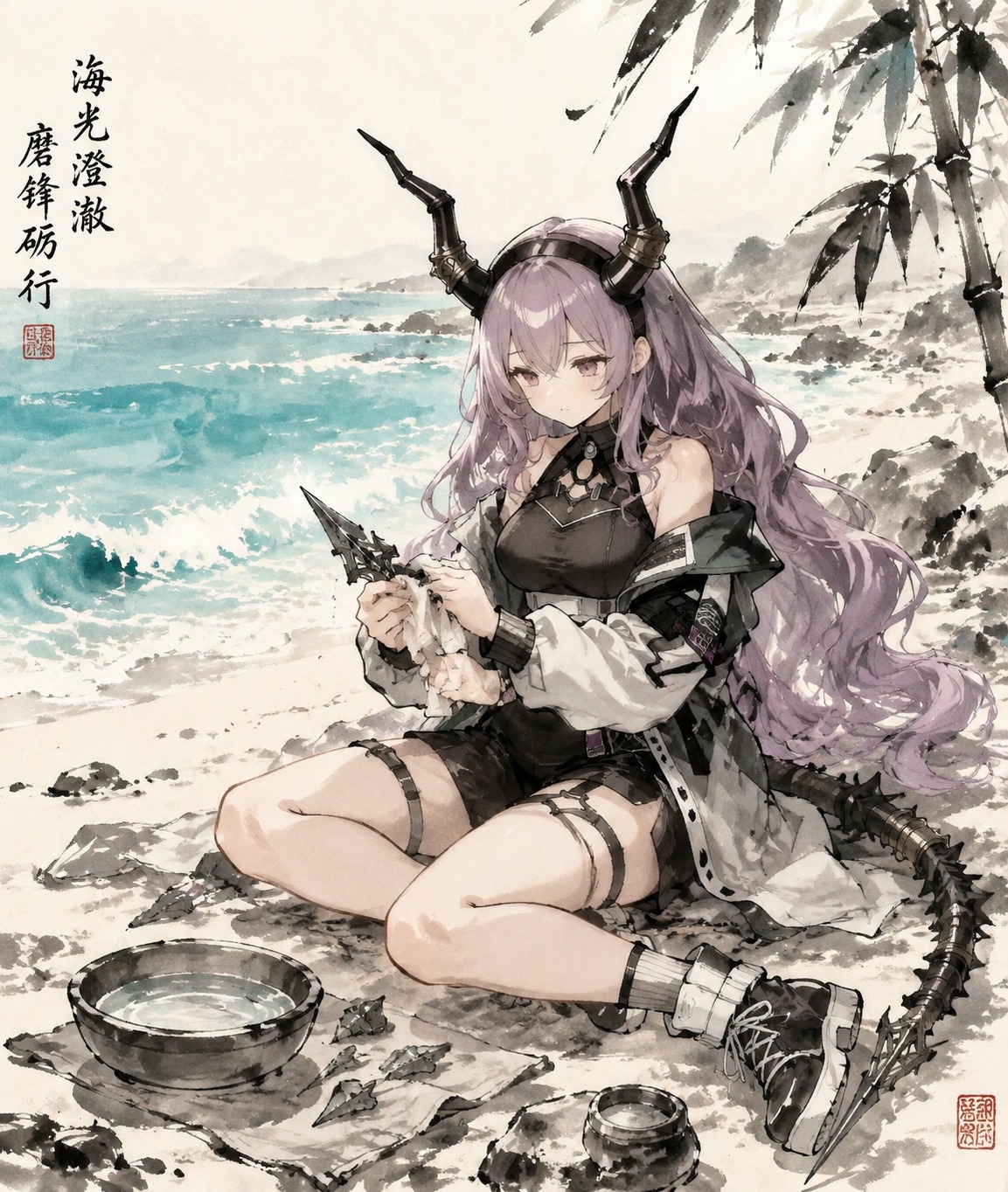 Polishing a frosted arrowhead On a sun-drenched beach with turquoise waves (ink wash painting, traditional sumi-e aesthetic)