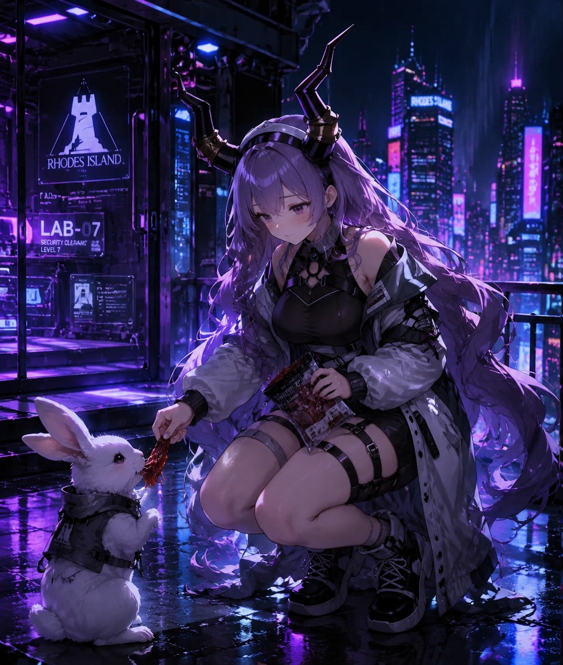 Sharing dried meat with a small snow rabbit On a high-tech Rhodes Island laboratory balcony (cyberpunk neon, high-contrast glow and dark shadows)
