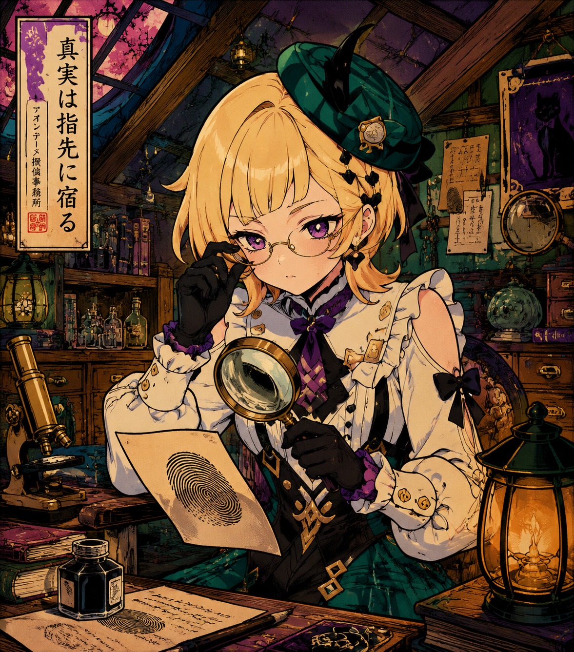 Adjusting her glasses while examining a fingerprint In a cozy attic workshop (vibrant ukiyo-e, bold outlines)