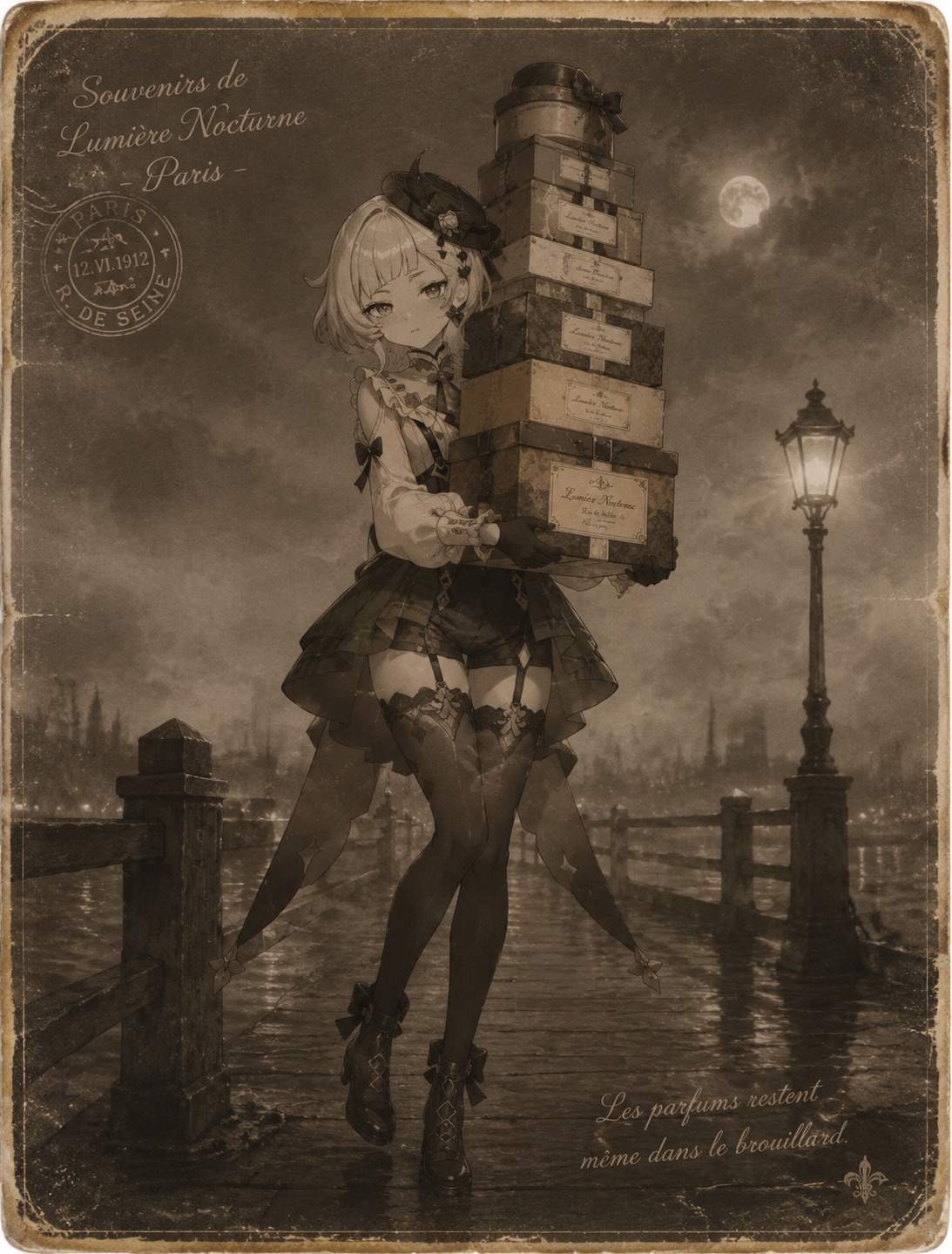 Balancing a stack of perfume boxes On a foggy pier at midnight (vintage postcard, faded sepia tones)