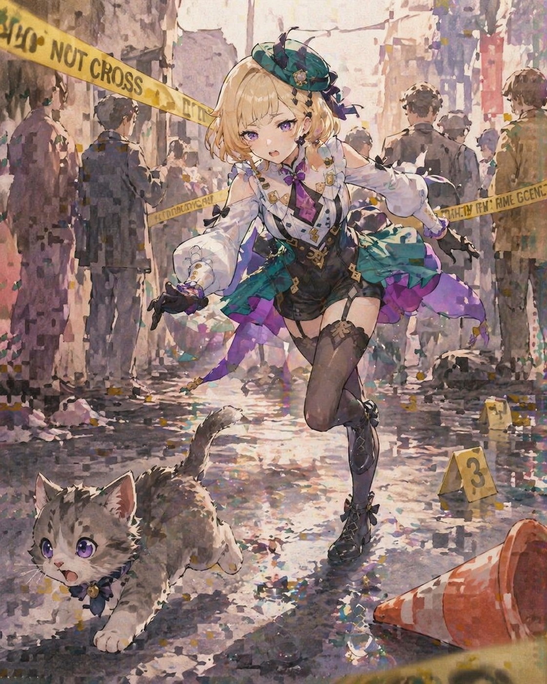 Chasing a runaway kitten through a crowd At a messy crime scene under yellow tape (watercolor anime, soft lighting)