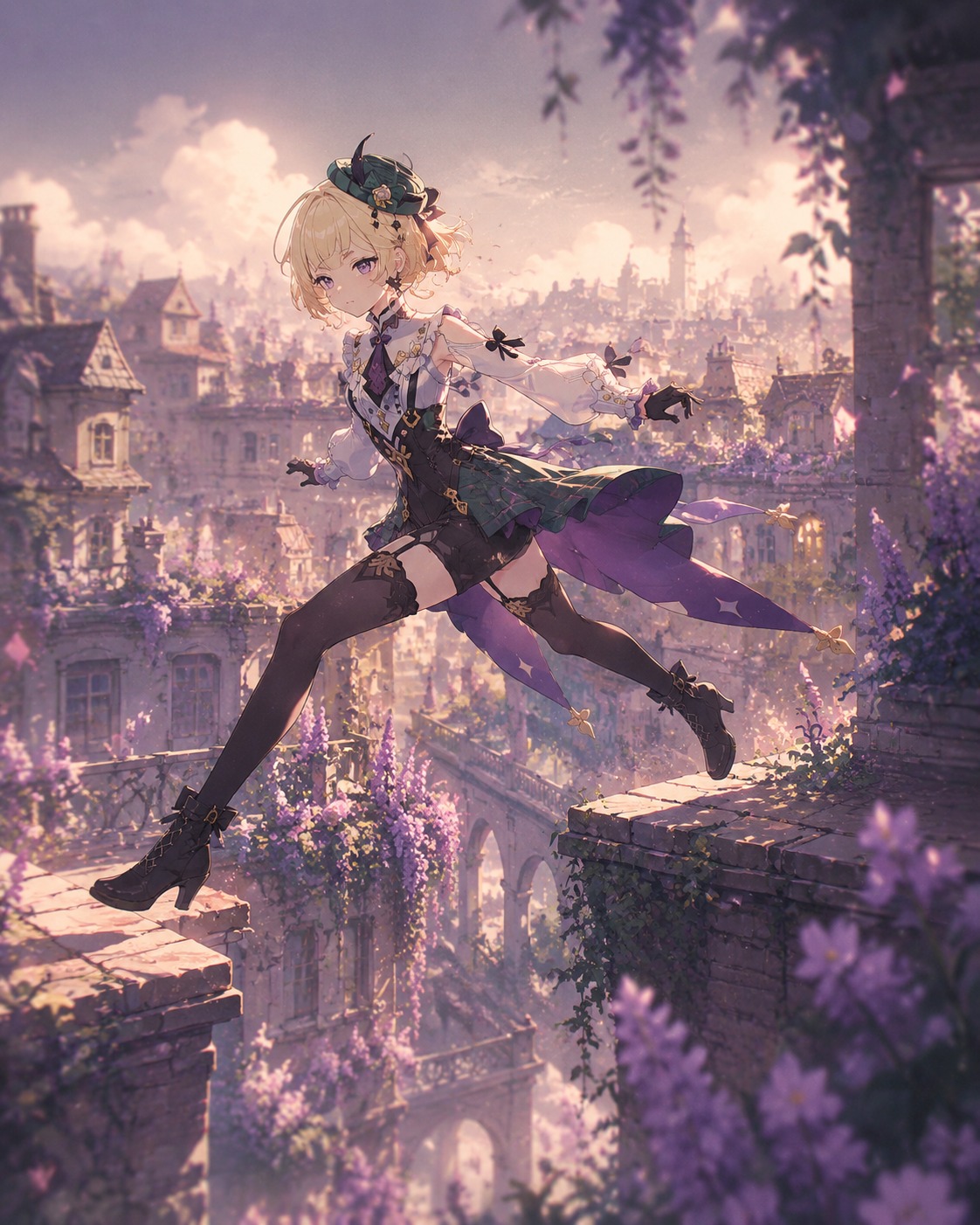 Leaping across a gap between rooftops In a sun-drenched flower garden (dreamy lo-fi, muted purple hues)