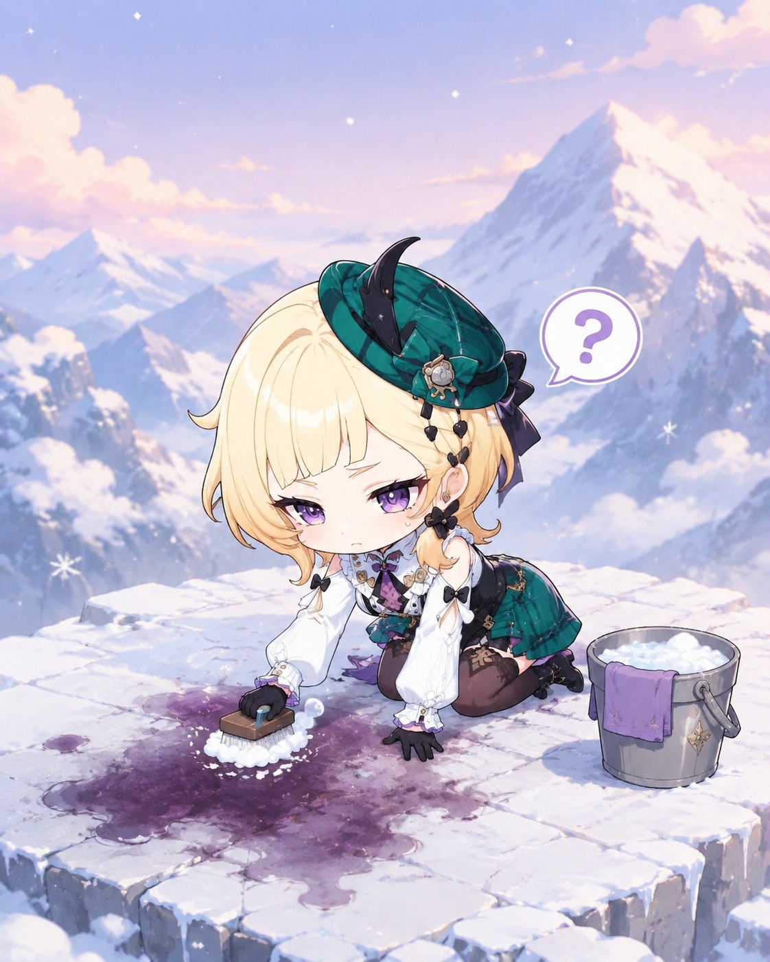 Scrubbing a mysterious stain from the floor On a snowy mountain peak (chibi cute, pastel colors)