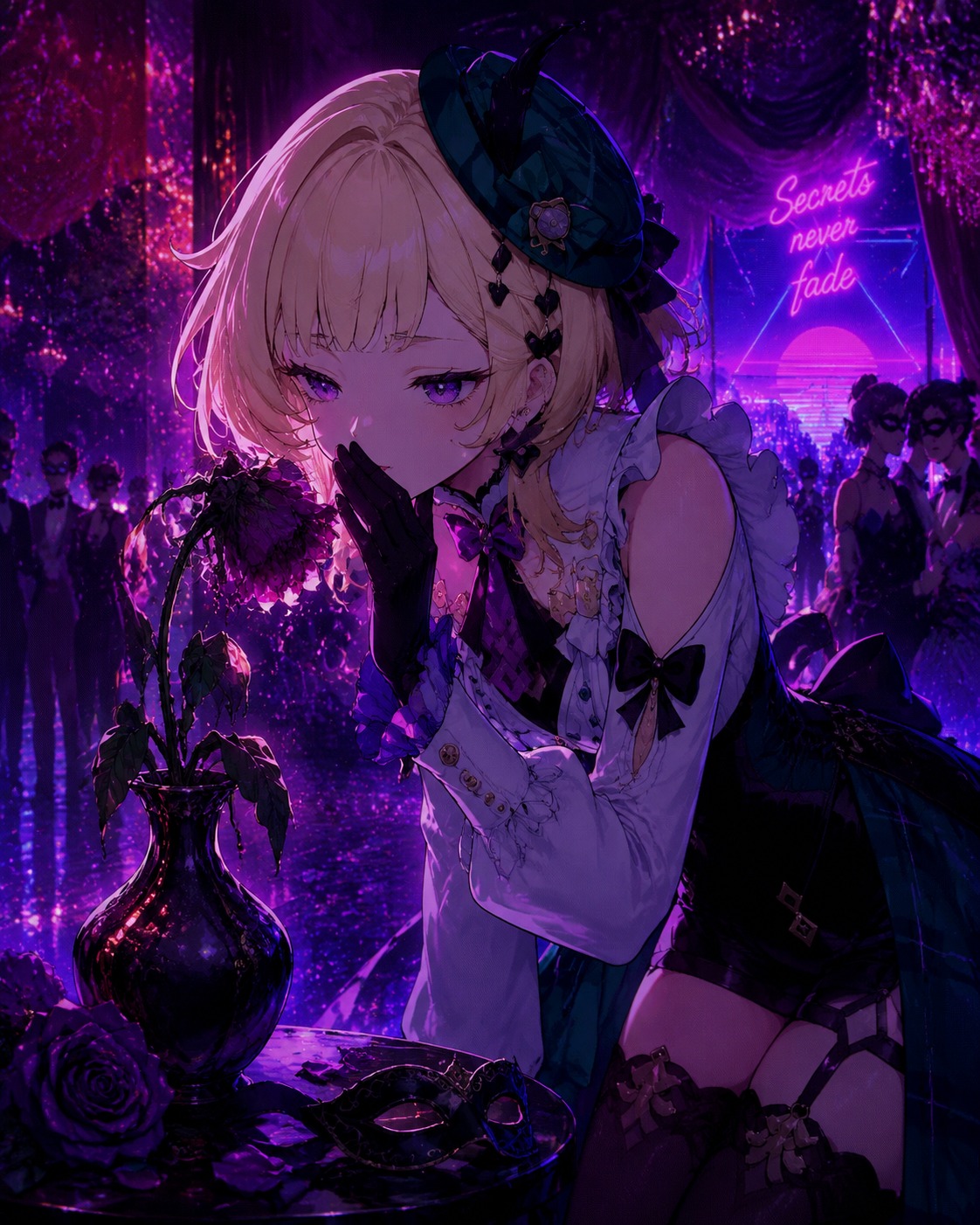 Whispering a secret to a wilted flower At a fancy masquerade ball (dark synthwave, neon glow)