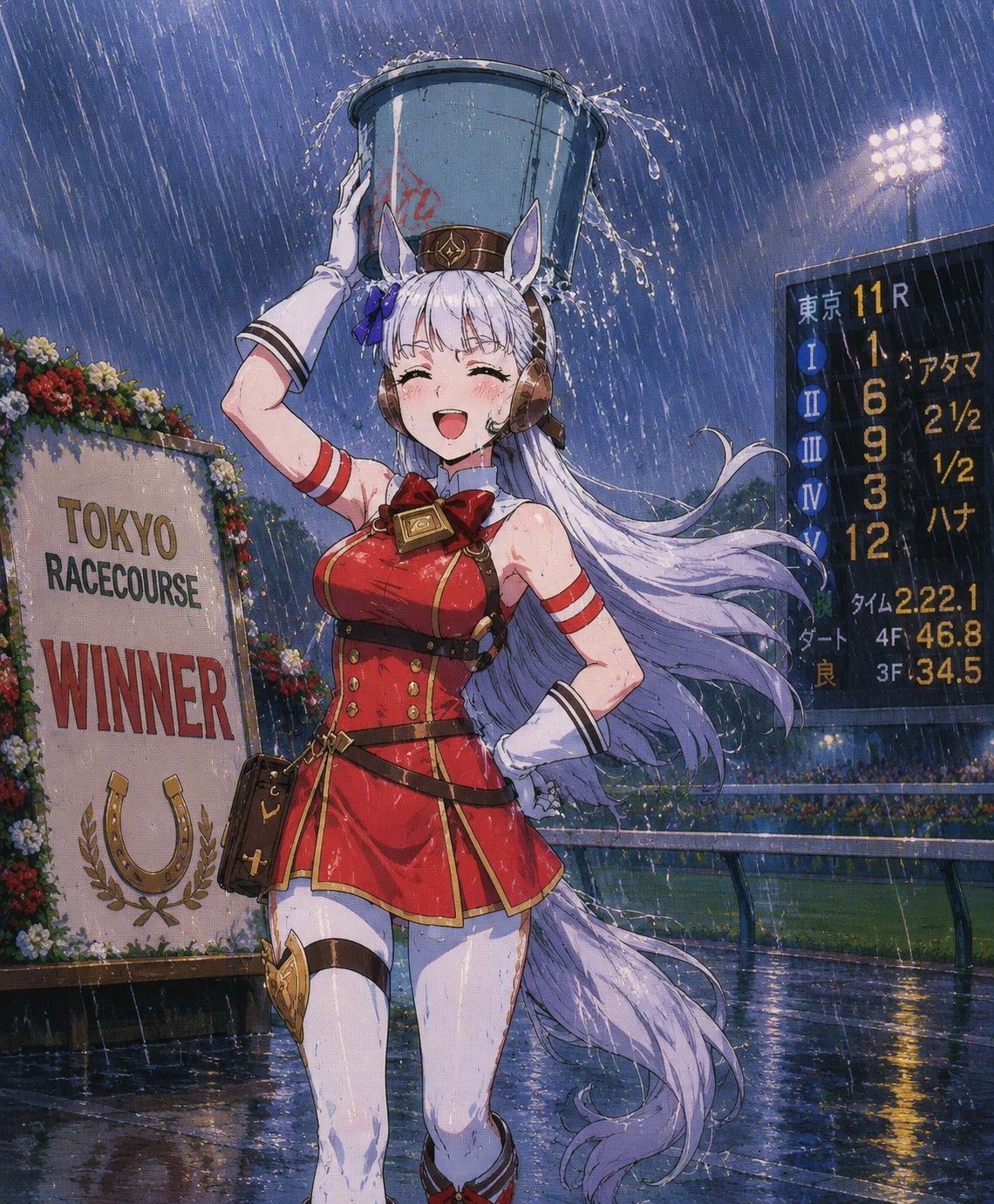 Balancing a bucket on her head while laughing At the winner's circle under a sudden summer downpour (90s retro cel-shaded aesthetic)