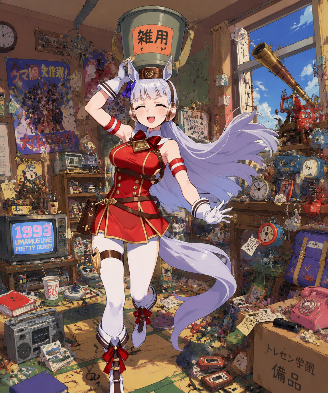 Balancing a bucket on her head while laughing in a chaotic dorm room overflowing with eccentric gadgets (90s retro cel-shaded aesthetic)