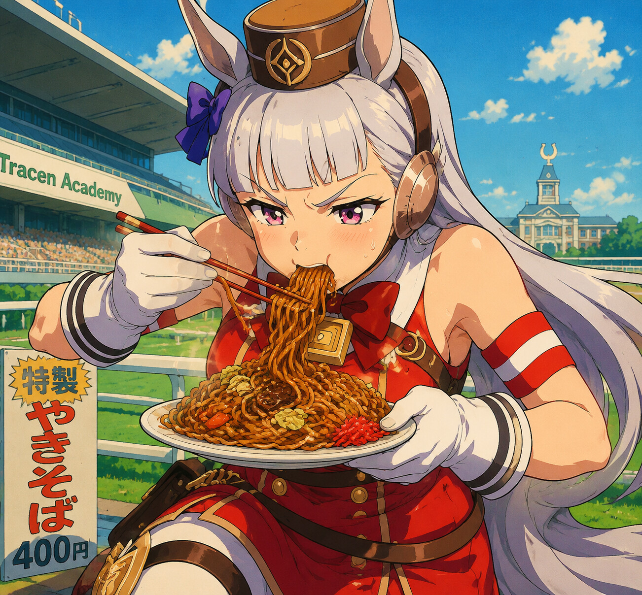 Devouring a plate of yakisoba with intense focus at the Tracen Academy racetrack under bright sunlight (90s retro cel-shaded aesthetic)