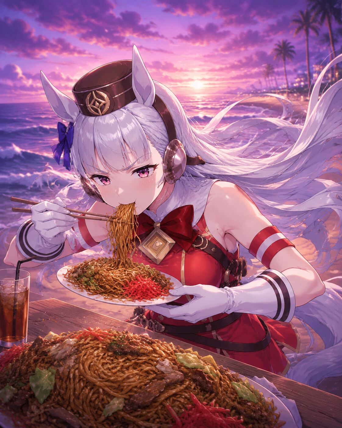 Devouring a plate of yakisoba with intense focus on a breezy beach during a purple sunset (high-detail digital illustration)