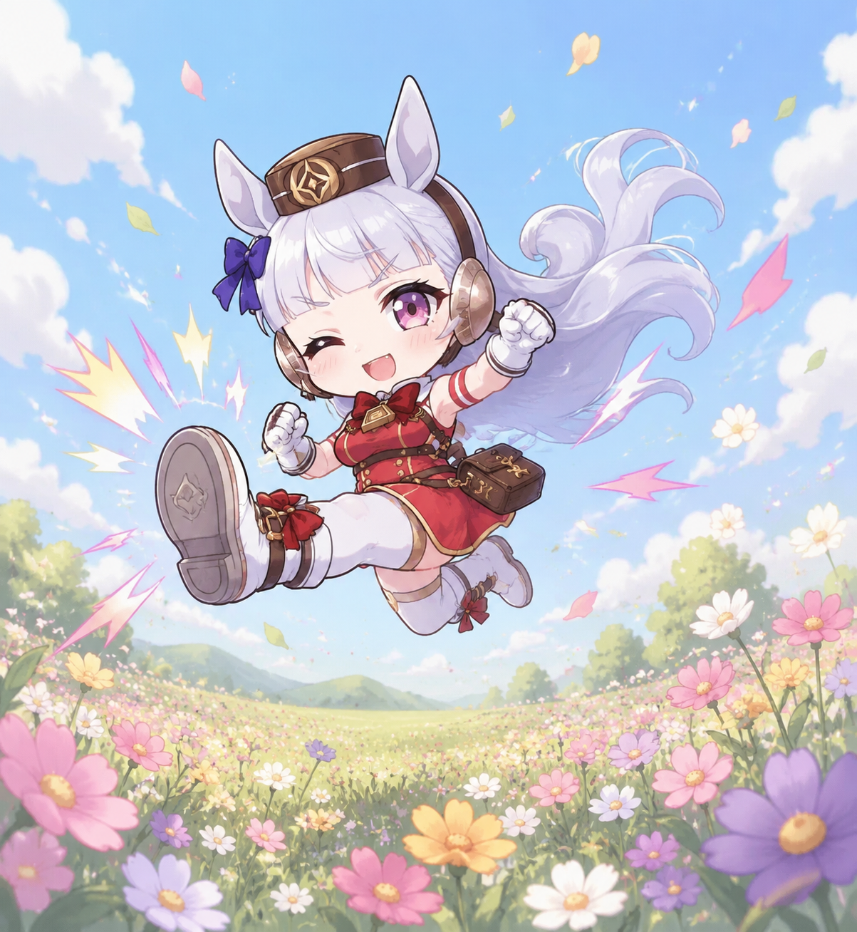 Executing a sudden dropkick into the air In a quiet meadow filled with blooming wildflowers (adorable chibi style, pastel tones)