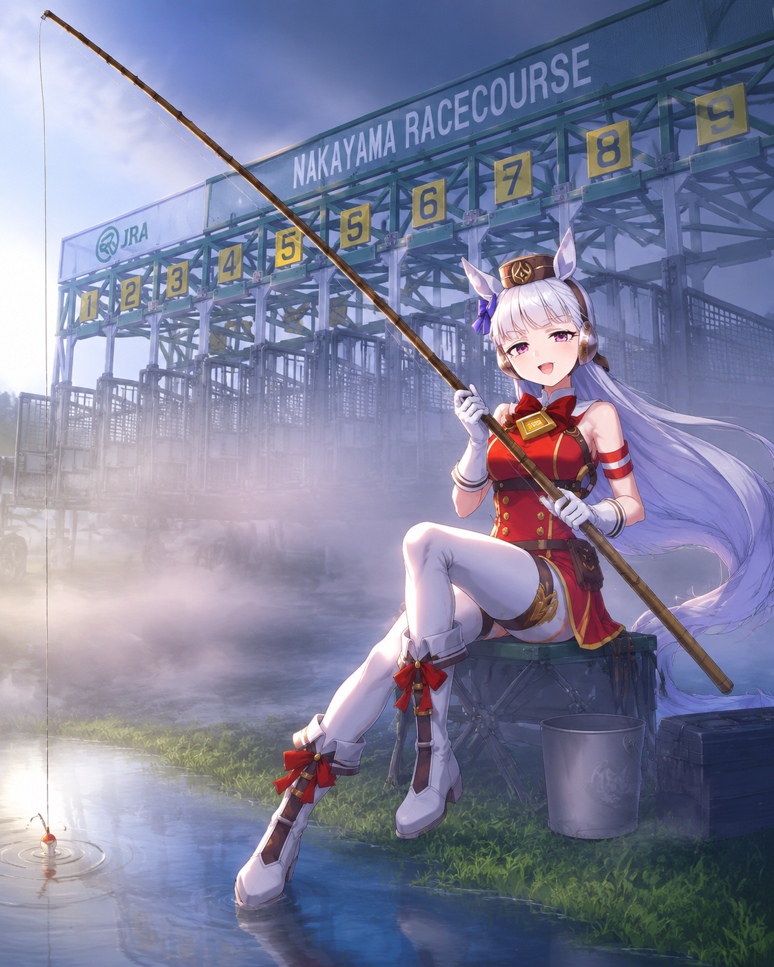 Fishing with an incredibly long bamboo pole At the starting gate amidst a thick morning fog (vibrant anime art, saturated colors)
