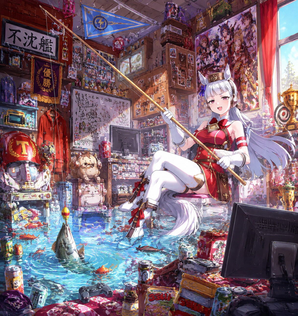 Fishing with an incredibly long bamboo pole in a chaotic dorm room overflowing with eccentric gadgets (vibrant anime art)