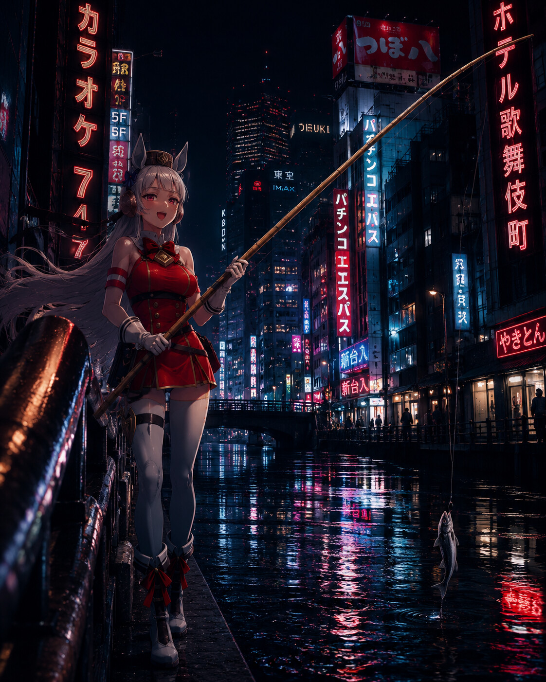 Fishing with an incredibly long bamboo pole on a neon-lit street in downtown Tokyo at night (cinematic noir with dramatic shadows)