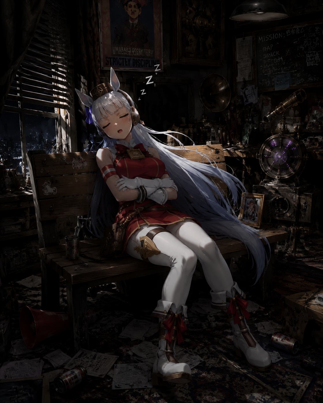 Sleeping soundly on a wooden park bench In a chaotic dorm room overflowing with eccentric gadgets (cinematic noir with dramatic shadows)
