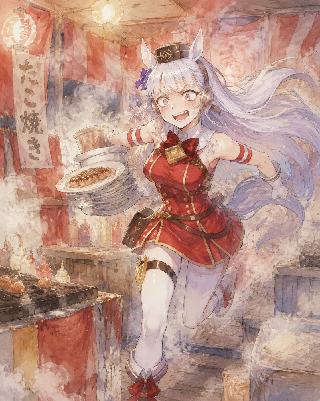 Sprinting with wild eyes and a wide grin In a messy festival booth filled with steam (soft watercolor painting, gentle lighting)