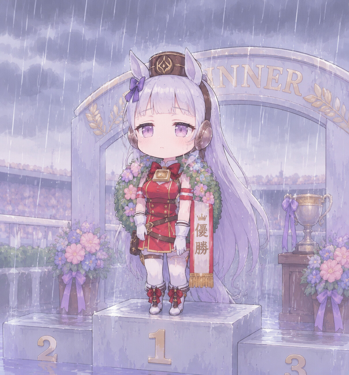 Staring blankly into the distance with a hollow expression at the winner's circle under a sudden summer downpour (adorable chibi style)