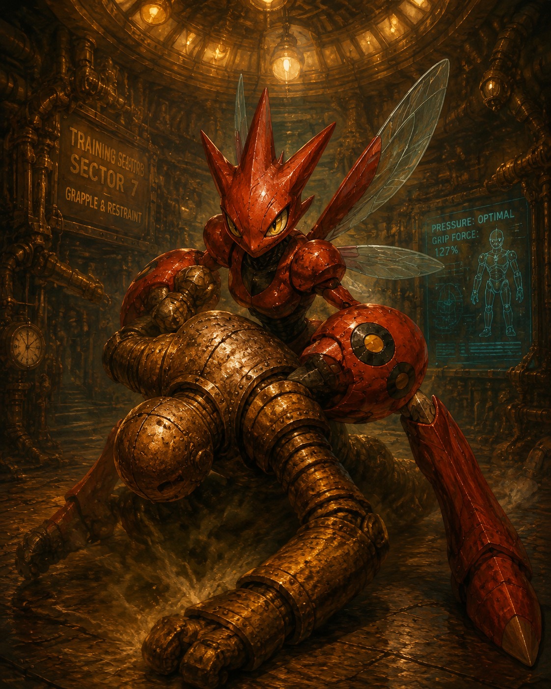 Clamping down on a heavy training dummy At a high-tech underground training facility (intricate steampunk oil painting, burnished copper tones)