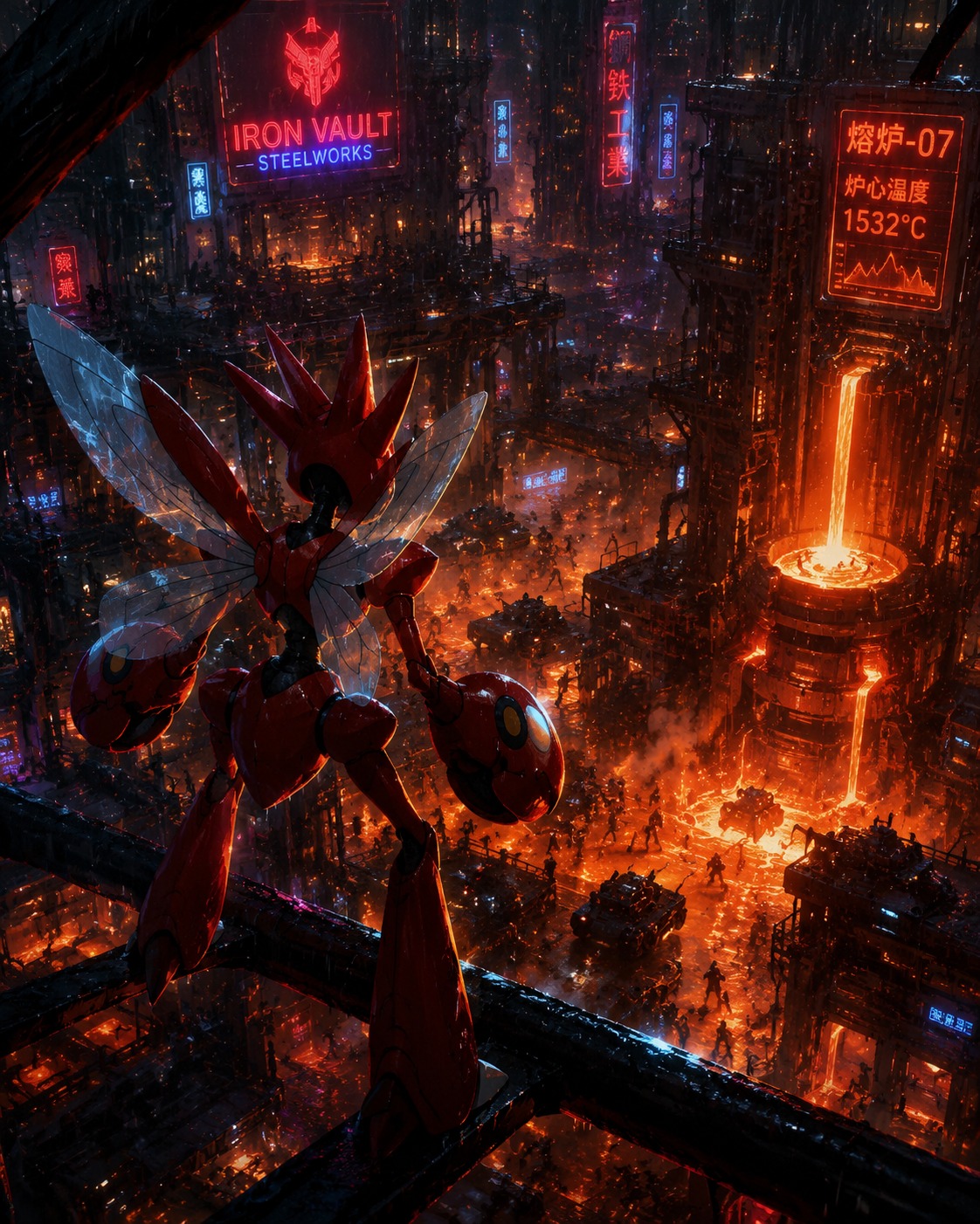 Observing a tactical battlefield from a high branch At a glowing industrial steel foundry (cyberpunk neon glow, rainy futuristic aesthetic)