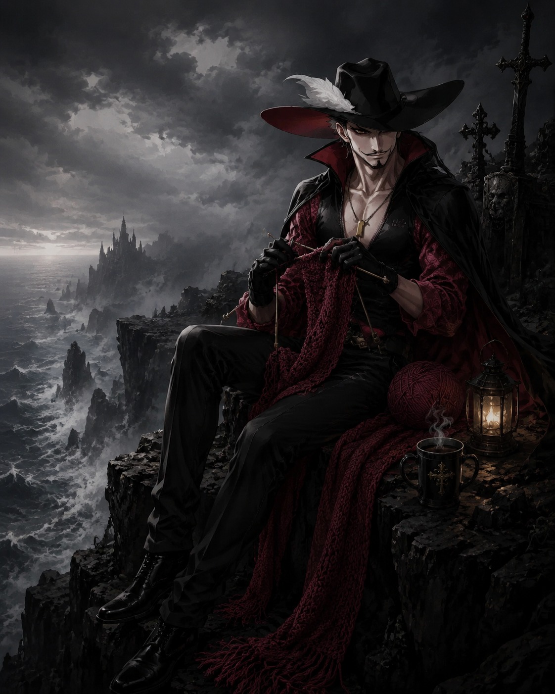 Knitting a warm woolen scarf On a jagged cliff overlooking the foggy sea (dark gothic illustration, high contrast)
