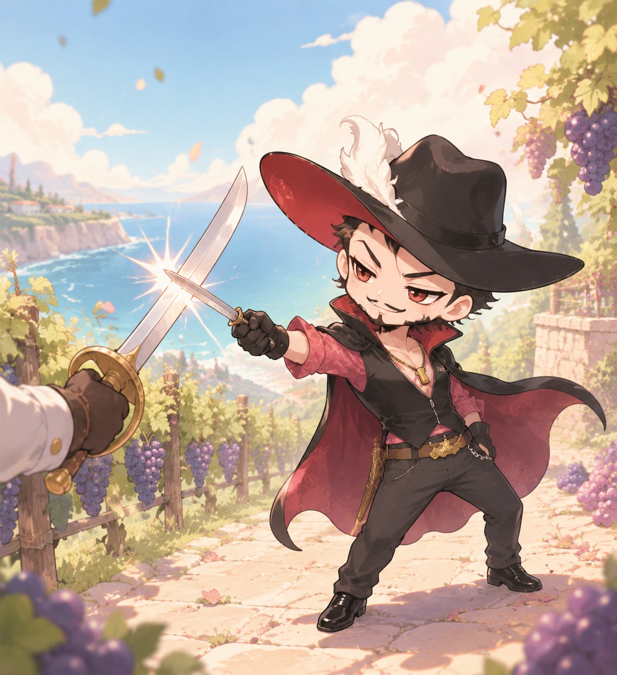 Parrying a strike with a tiny necklace knife At a sun-drenched coastal vineyard (chibi cute, pastel color palette)