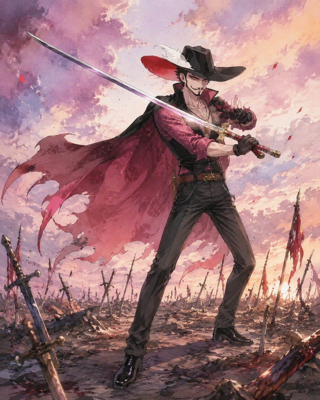 Practicing a precise sword kata On a desolate battlefield littered with broken swords (vibrant watercolor anime, soft lighting)