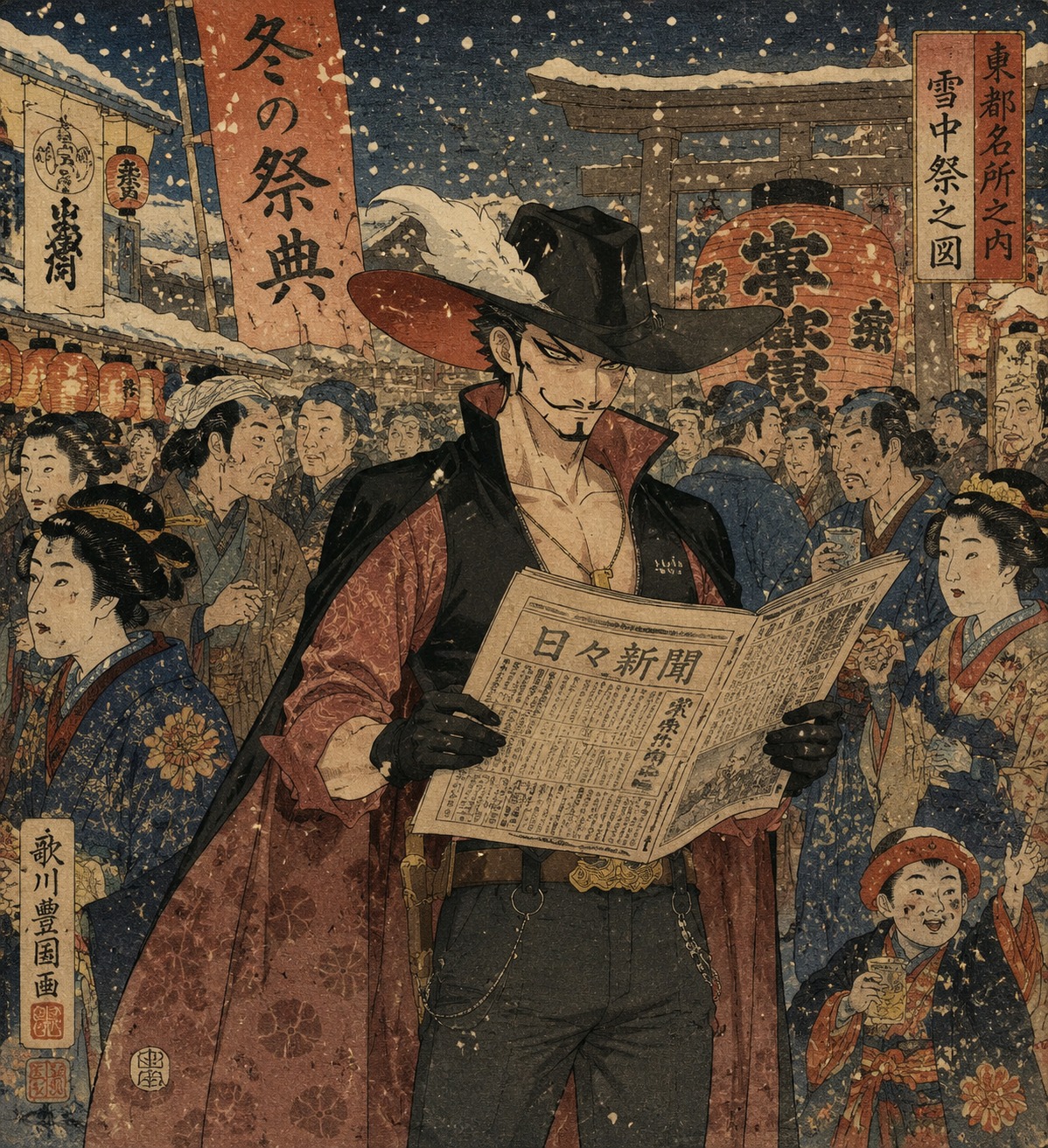 Reading the daily newspaper with focused intensity At the center of a crowded winter festival (traditional ukiyo-e woodblock print style)