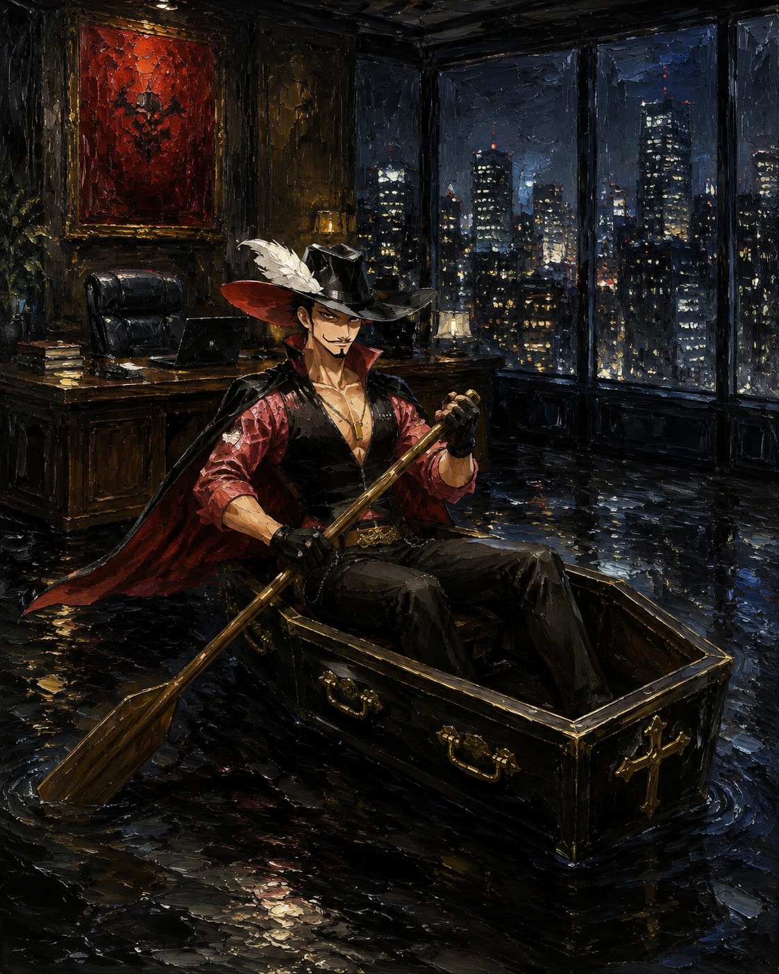 Rowing a small coffin-shaped sailboat In a modern high-rise office at night (oil painting on canvas, thick brushstrokes)
