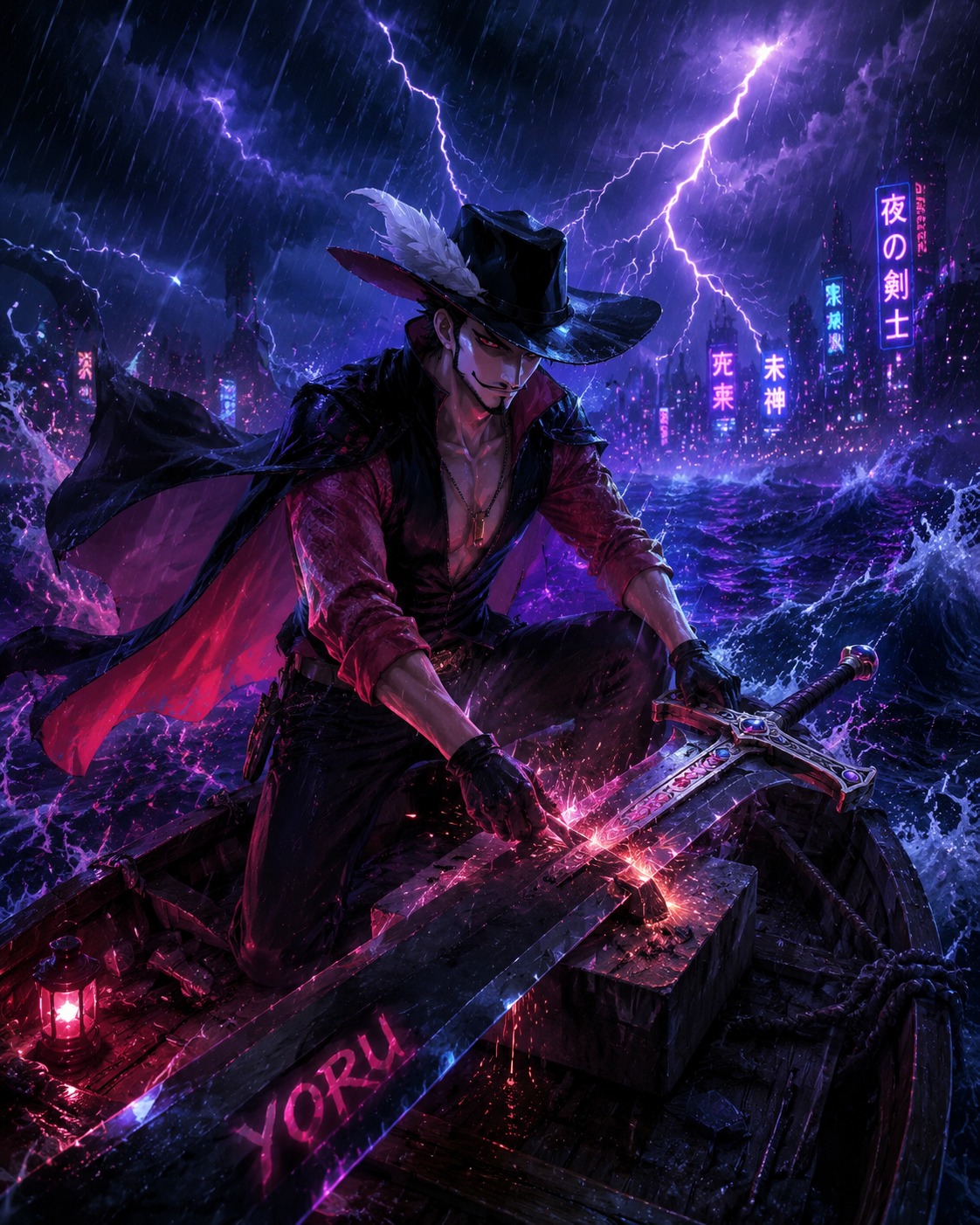 Sharpening the massive black blade yoru On a tiny boat amidst a raging thunderstorm (neon cyberpunk aesthetic, glowing accents)