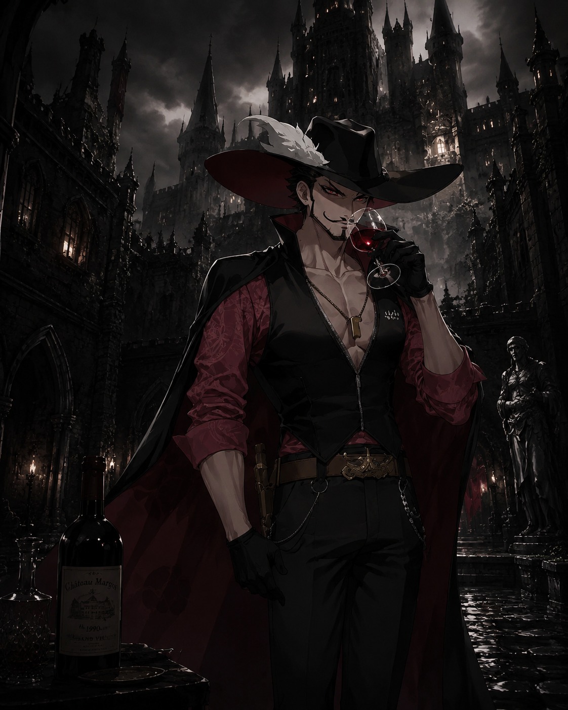 Sipping expensive red wine from a glass In a desolate gothic castle courtyard (gritty cinematic noir with dramatic shadows)
