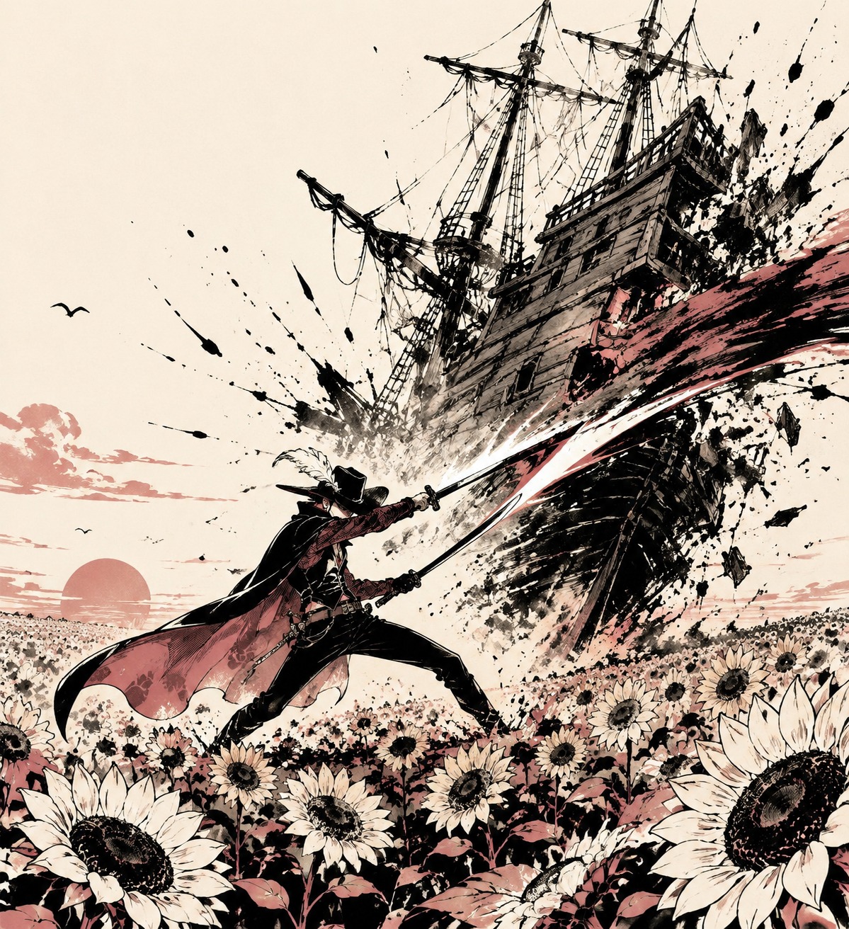 Slashing through a giant galleon In a field of blooming sunflowers at dawn (minimalist line art, bold ink splashes)