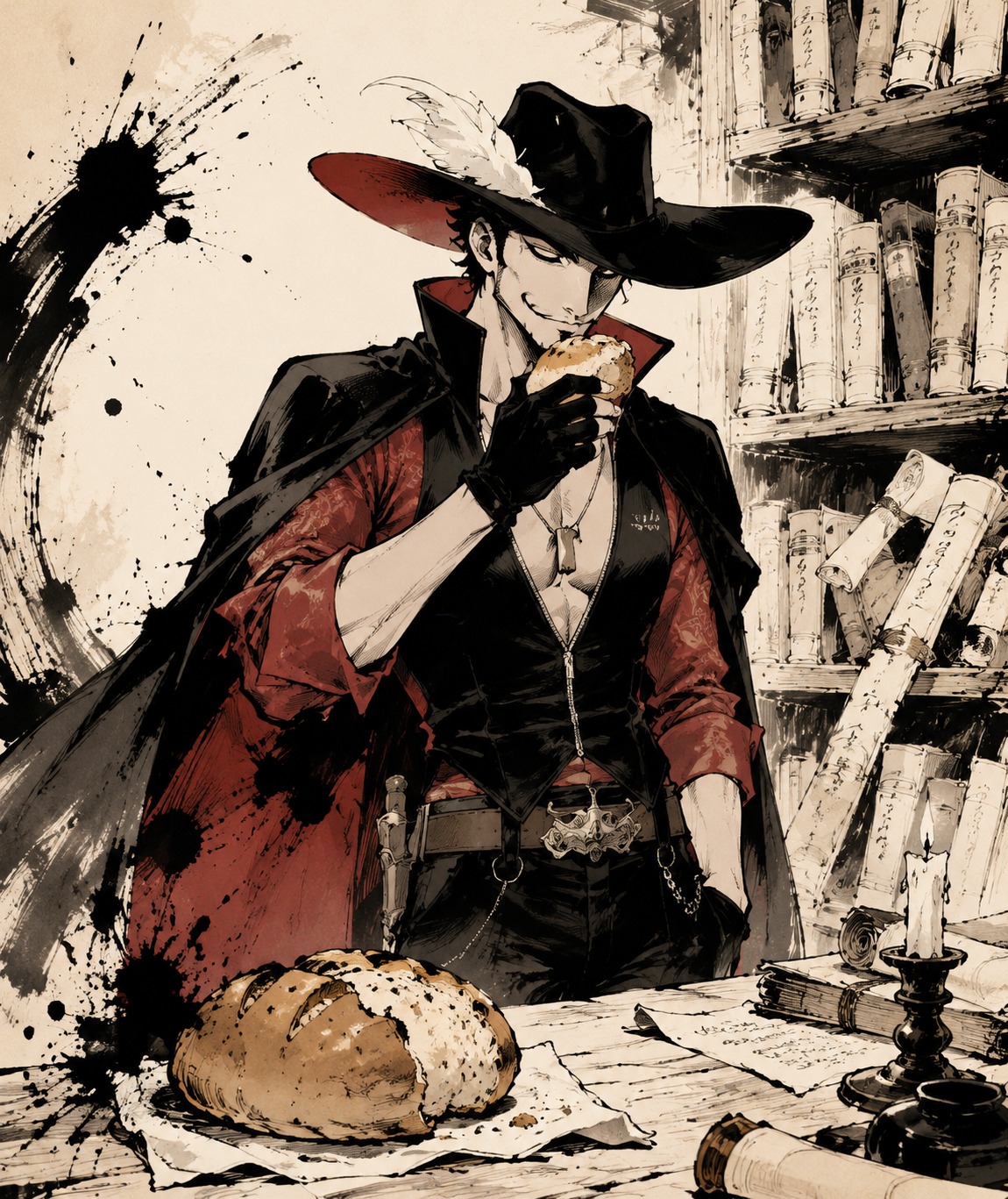 Tasting a freshly baked loaf of bread In a dusty library filled with ancient scrolls (minimalist line art, bold ink splashes)