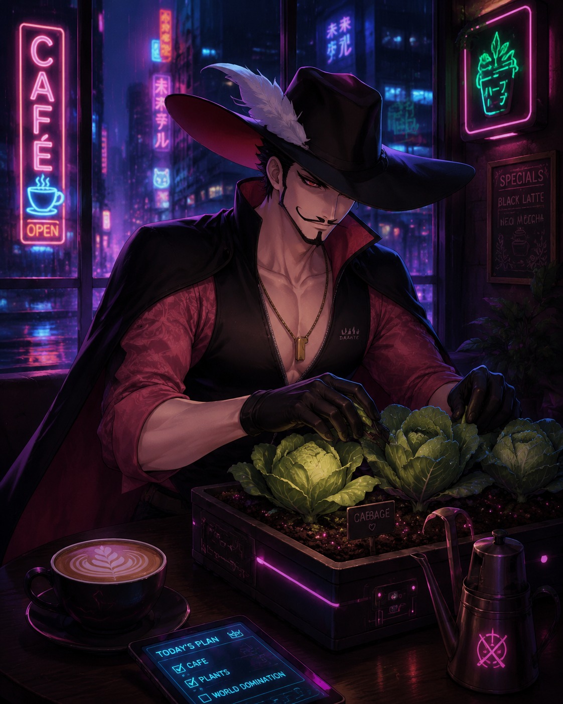 Tending to a small patch of cabbage At a cozy corner table in a quiet café (neon cyberpunk aesthetic, glowing accents)
