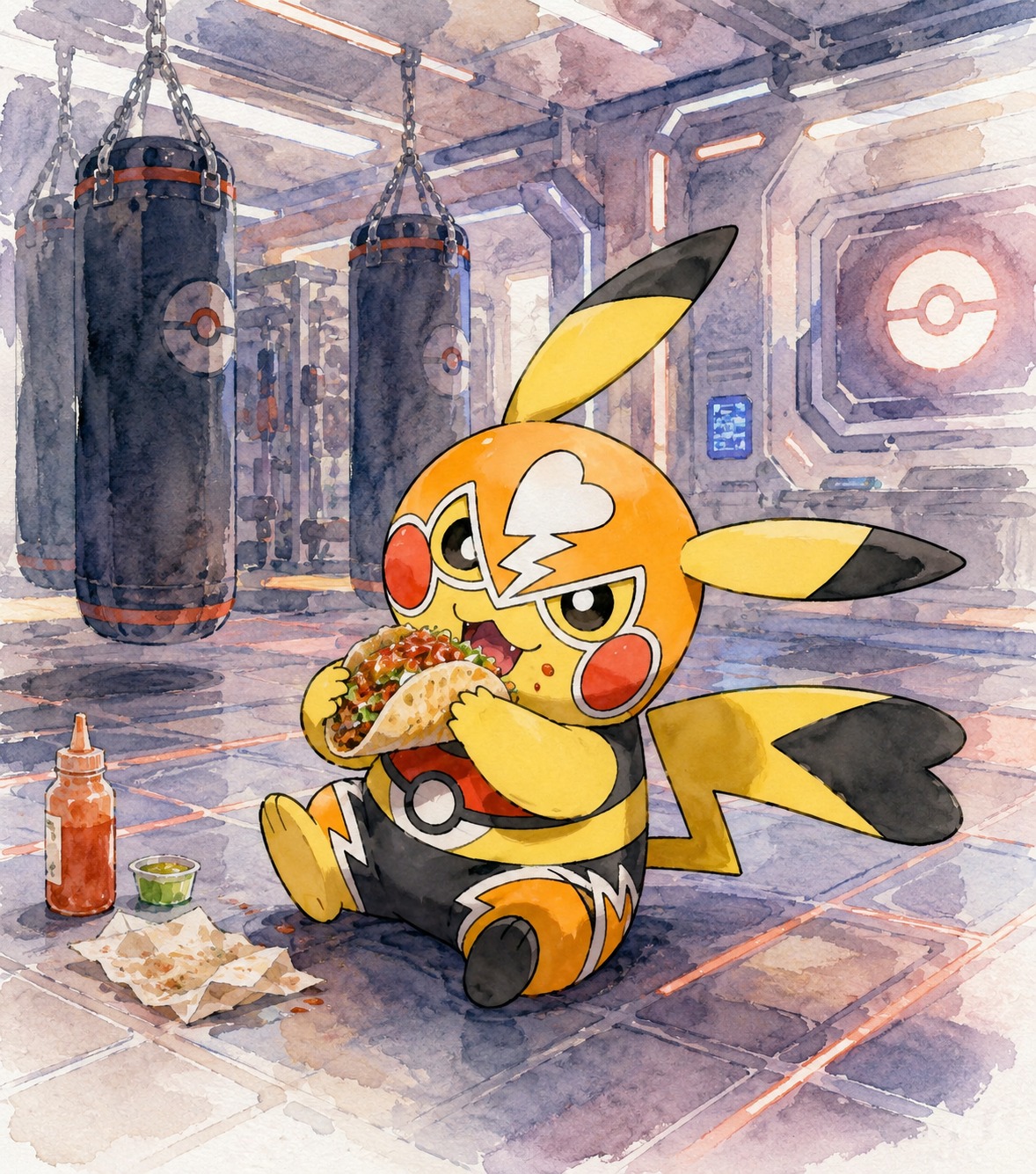 Eating a spicy street taco On a high-tech gym floor with heavy bags (delicate watercolor, soft pastel palette)