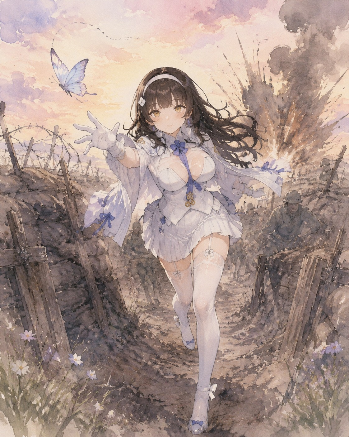 Chasing a butterfly through a field At a chaotic frontline trench under heavy artillery fire (soft watercolor, pastel morning light)