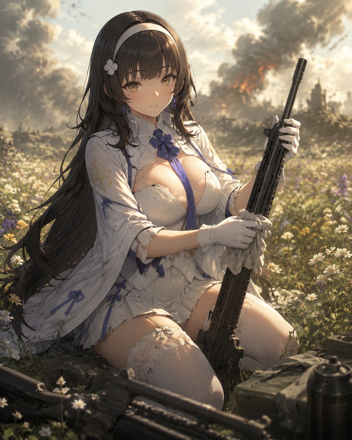 Cleaning the barrel of her firearm In a sun-drenched meadow filled with wildflowers (cinematic warfare, desaturated tones and smoke)