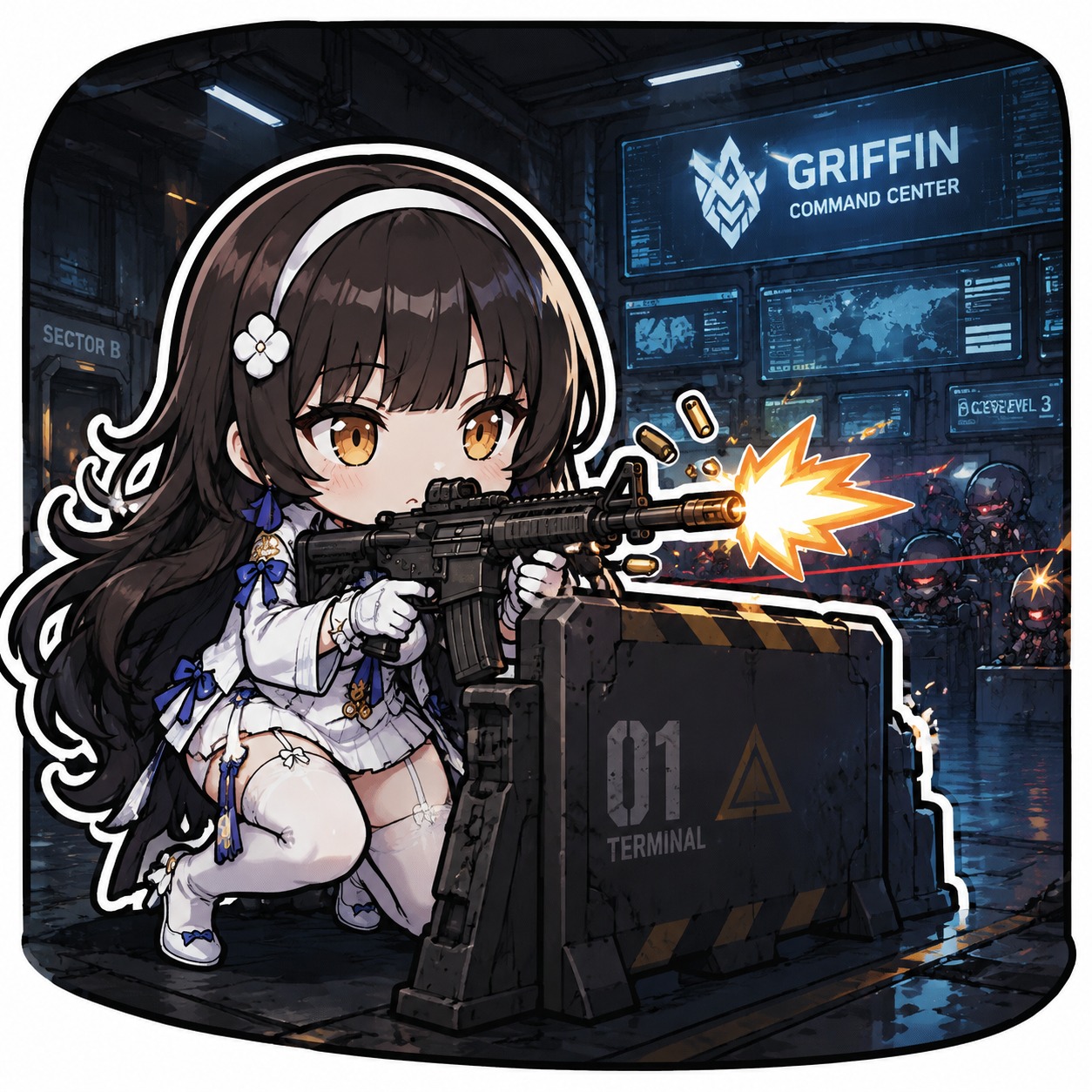 Firing her assault rifle from behind cover At a high-tech underground Griffin command center (chibi sticker art, bold outlines)